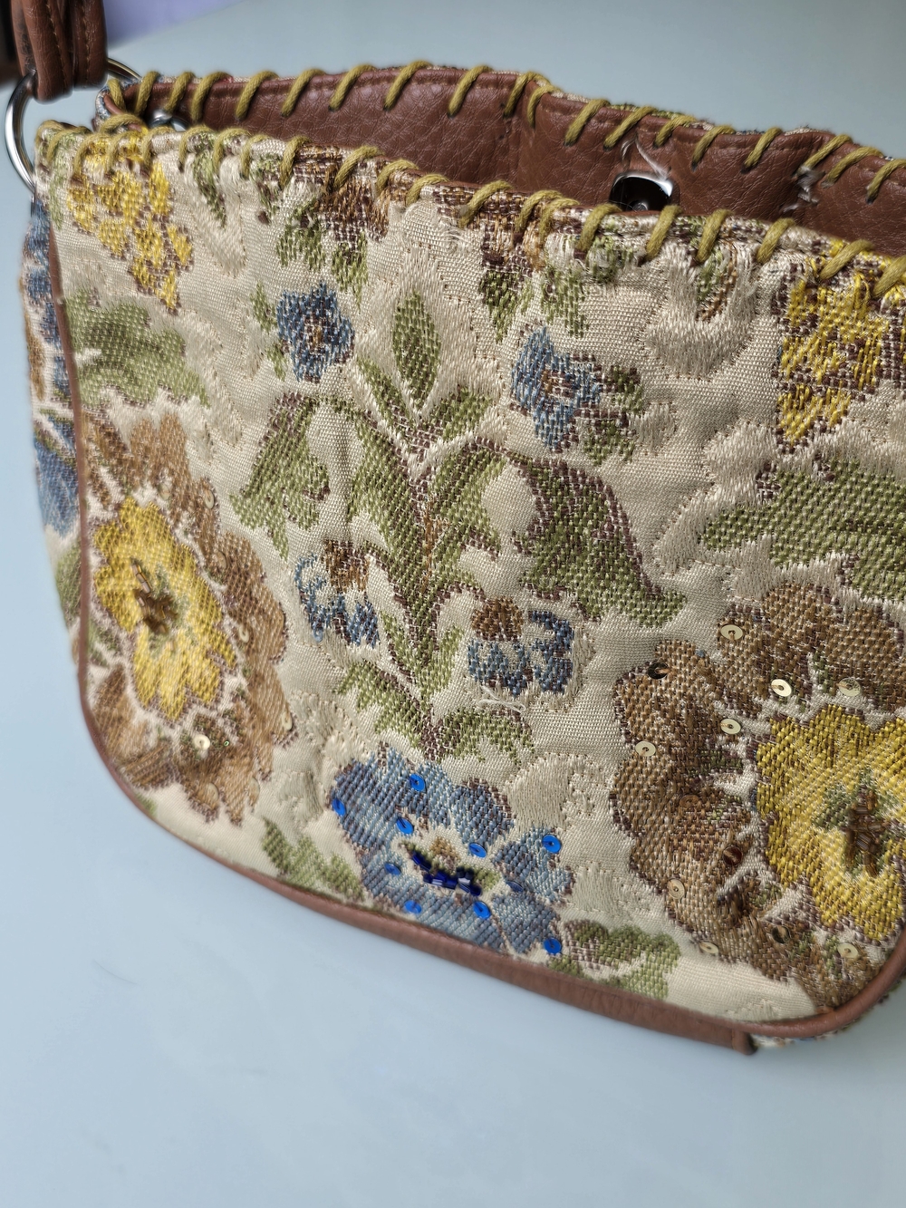 Vintage Liz Claiborne Floral Tapestry Sequin Beaded Whipstitch Shoulder Bag - Picture 3 of 9